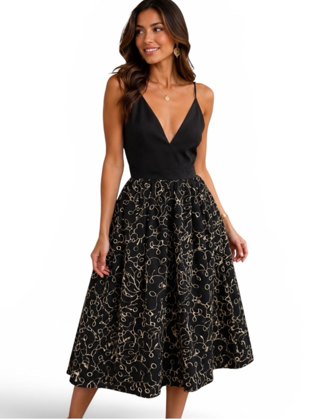 Maeve Anthropologie Strappy Eyelet Midi Flowy Dress Sz M Black Gold Metallic